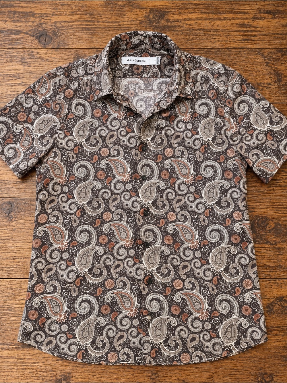 J.Lindeberg Men’s L Paisley Short Sleeve Button Up Shirt Brown Cream Made Turkey